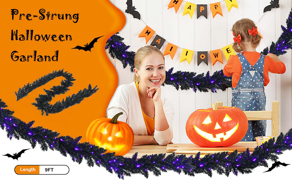 9FT Pre-lit Black Halloween Garland Artificial Christmas Garland with 50 Purple LED Lights