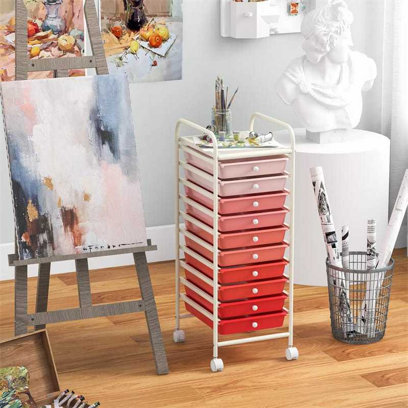 10-Drawer Rolling Storage Cart, Utility Cart with Drawers & Lockable Wheels, Mobile Art Craft Drawer Cart for Home Office, School