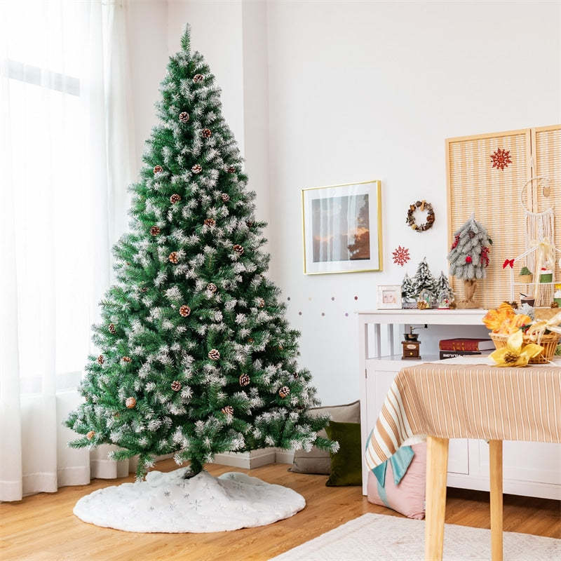 7.5ft Unlit Artificial Snow Flocked Christmas Tree with Pine Cones and Metal Stand