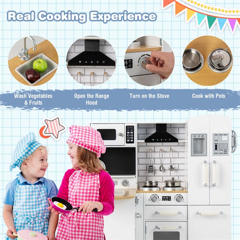 Kids Wooden Corner Kitchen Playset, 11-in-1 Little Chef Pretend Play Kitchen Toy Set with Realistic Washer, Microwave, Range Hood, Fridge & Telephone