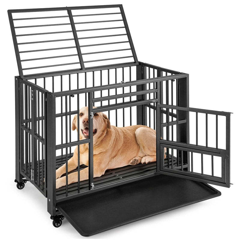 Folding Metal Dog Crate, 3-Door Heavy Duty Dog Kennel with Removable Crate Tray & 4 Lockable Wheels, Indestructible Dog Crate for Indoor/Outdoor Use