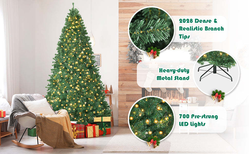 9ft Pre-lit Christmas Tree Spruce Hinged Artificial Xmas Tree with 700 LED Lights & Solid Metal Stand