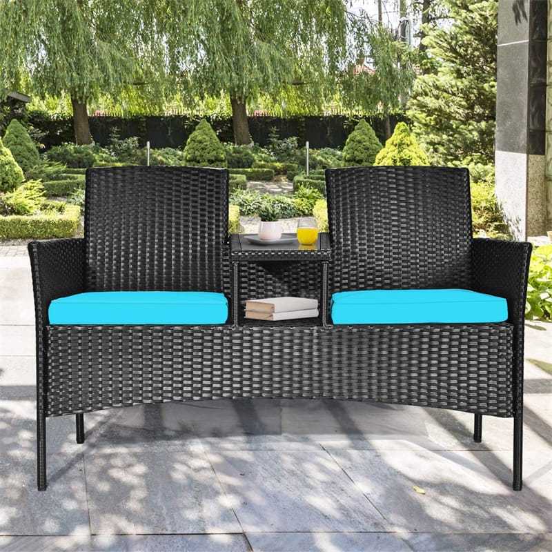 Modern Rattan 2-Seater Patio Furniture Set with Built-in Tempered Glass Table & Removable Cushions, Outdoor Furniture for Backyard, Garden