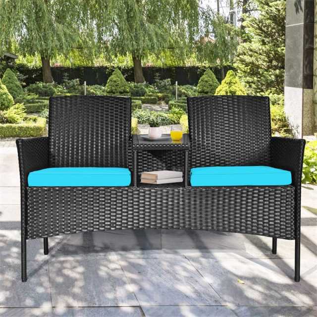 Modern Rattan 2-Seater Patio Furniture Set with Built-in Tempered Glass Table & Removable Cushions, Outdoor Furniture for Backyard, Garden