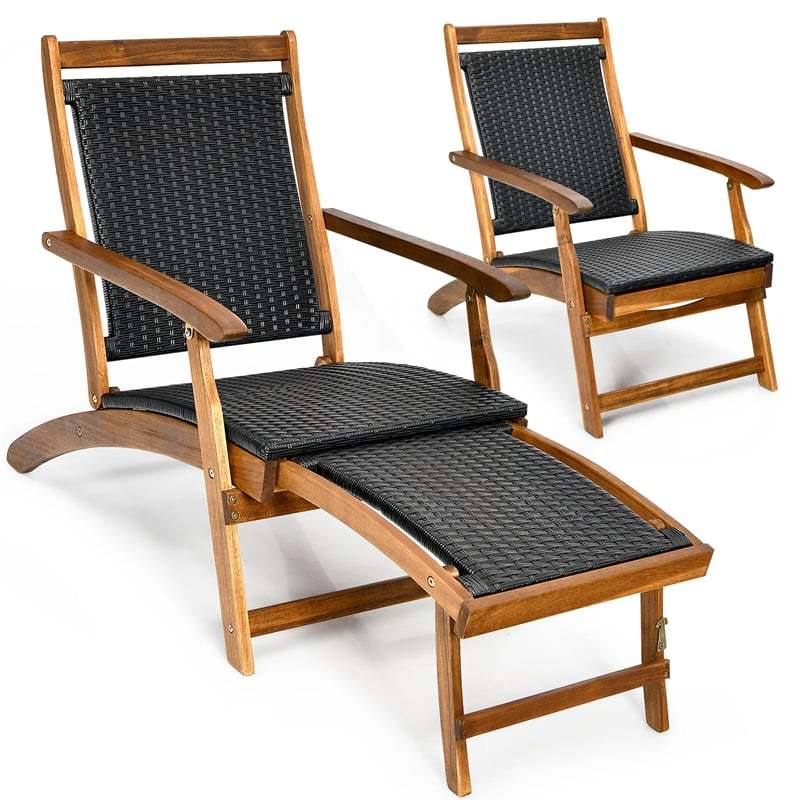 Set of 2 Acacia Wood Patio Folding Rattan Chaise Lounges with Retractable Footrest, Outdoor Deck Lounge Chairs for Backyard, Garden, Poolside