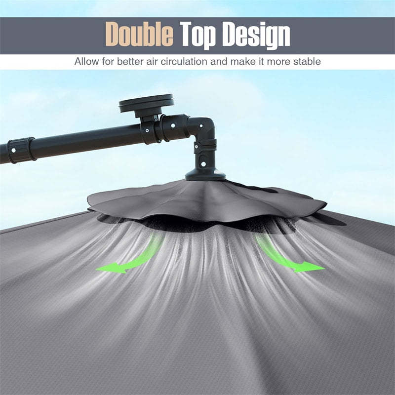 10FT Solar Offset Patio Umbrella, Hanging Cantilever Umbrella with 32 LED Lights, Adjustable Tilt, Sand Bag Base for Garden, Poolside, Yard