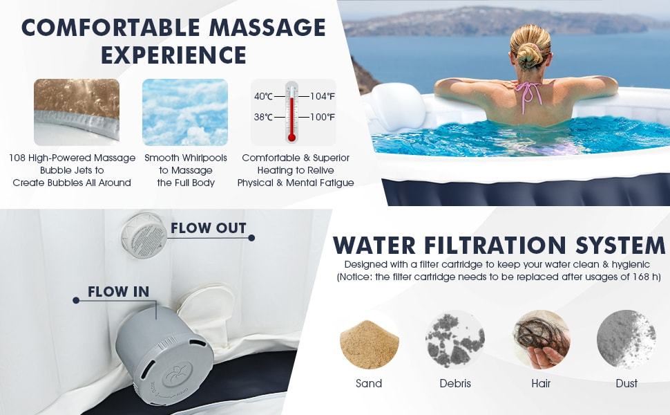 4 Person SaluSpa Inflatable Hot Tub Spa Indoor Outdoor Portable Blow-up Hot Tub with 108 Massage Bubble Jets Air Pump Filter Cartridge & Tub Cover