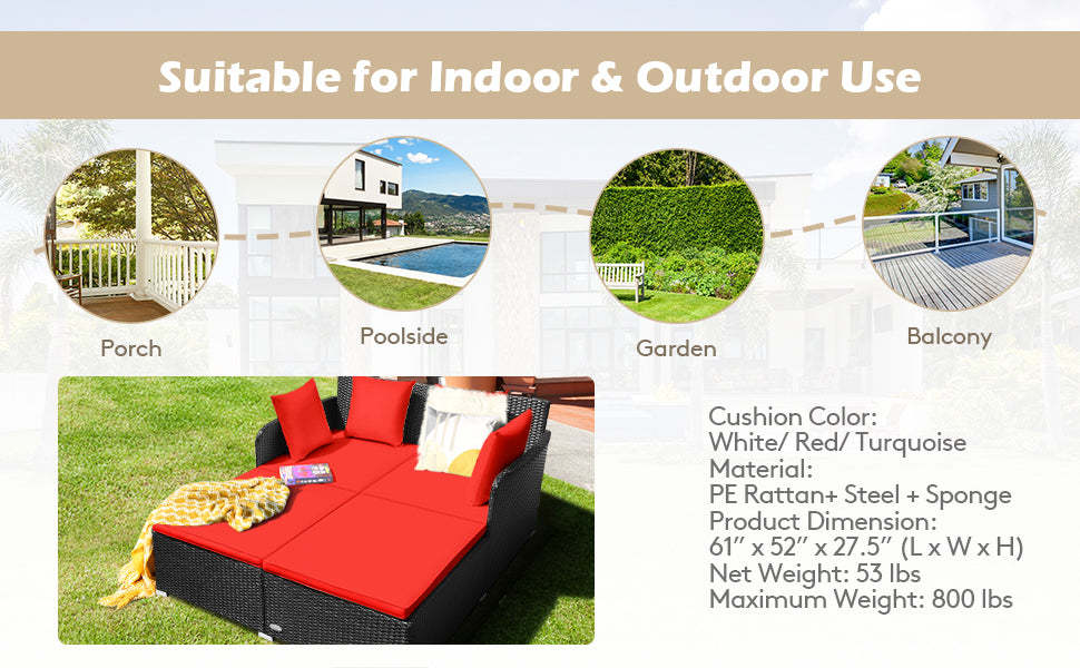 Outdoor Rattan Daybed Wicker Patio Cushioned Sofa Furniture with Pillows & Seat