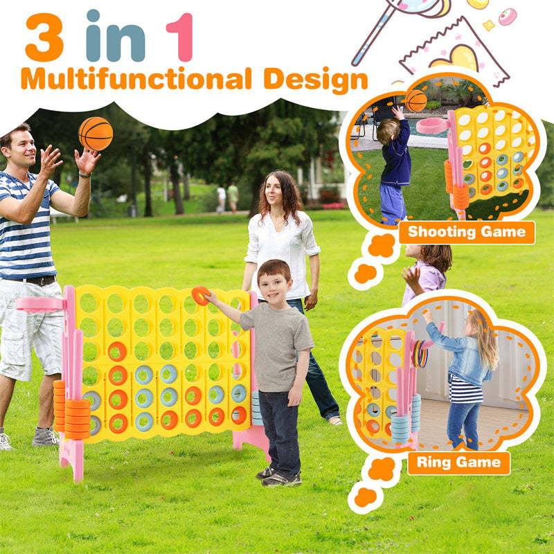 Giant 4-in-A-Row Game Set with 42 Jumbo Rings, Basketball Hoop, Quick-Release Slider, 2.5FT Indoor/Outdoor Connect Game for Kids & Adults