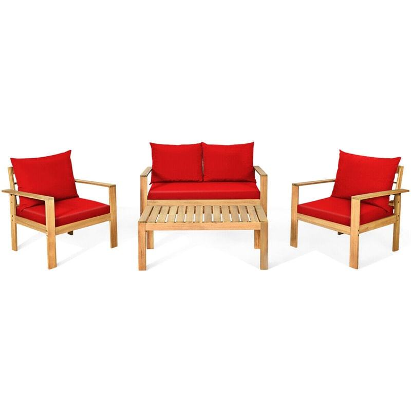 4 Piece Acacia Wood Patio Conversation Set Outdoor Chat Set with Loveseat Chairs & Coffee Table