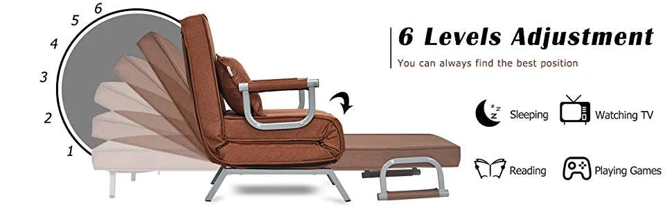 Convertible Sleeper Chair Bed Folding Armchair 5-Position Adjustable Lounge Couch Bed with Pillow