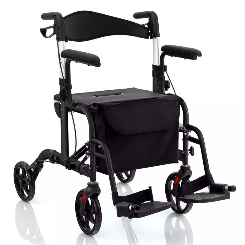 2-in-1 Folding Rollator Walker Wheelchair Combo with Backrest & Adjustable Height, 300lbs Aluminum Mobility Walking Aid for Seniors/Adults