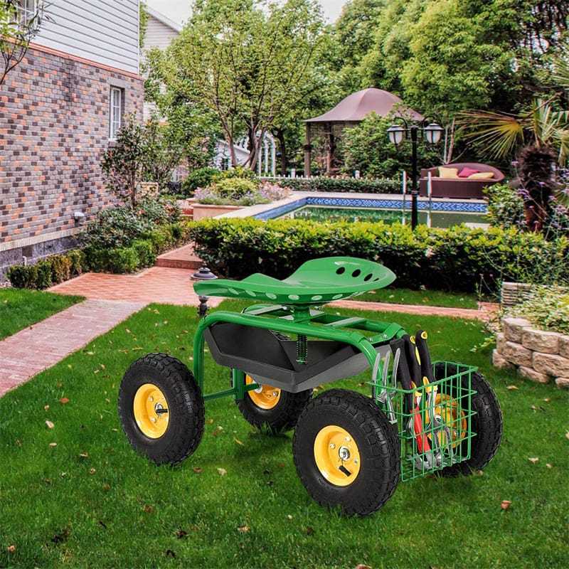 Rolling Garden Cart with 360° Swivel Seat, Tool Basket, Adjustable Height, 300LB Capacity Heavy Duty Gardening Seat for Lawn, Yard Work, Seniors