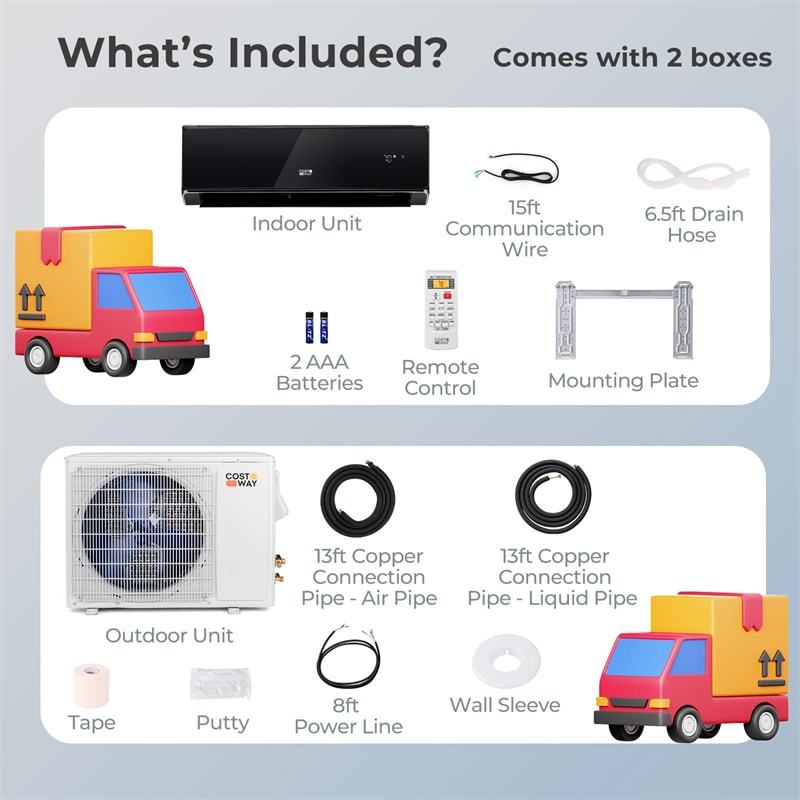 18000BTU Wifi Enabled Mini Split Air Conditioner & Heater, 21 SEER2 208-230V Wall Inverter Split AC Unit ECO Mode w/ Heat Pump, Installation Kit