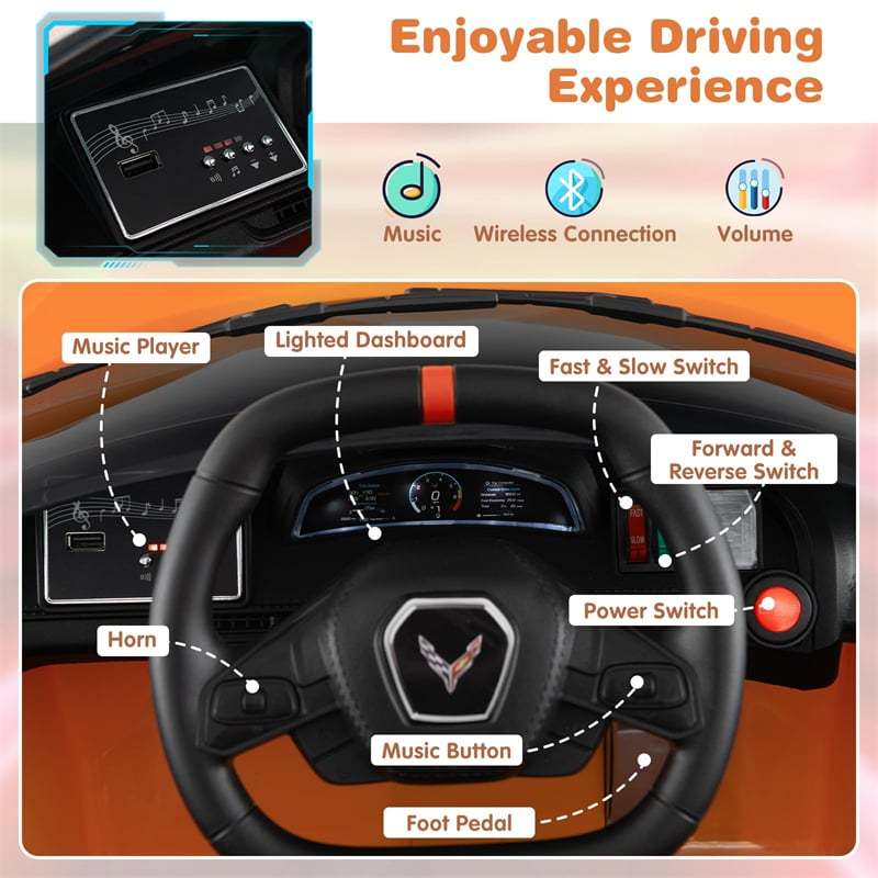 12V Kids Ride On Car Licensed Chevrolet Corvette C8 Electric Toy Car with Remote Control, Wireless Connection, Lights, Gift for Boys & Girls