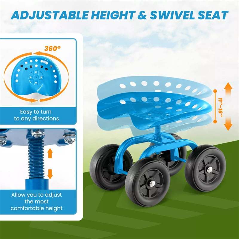 Heavy Duty Garden Cart with 360° Swivel Seat & Wheels, Height Adjustable Rolling Gardening Seat Utility Stool Cart Garden Scooter for Planting