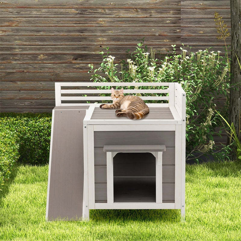 2-Story Outdoor Cat House All-Weather Wooden Feral Cat House Kitten Shelter with Escape Doors & Side Ladder