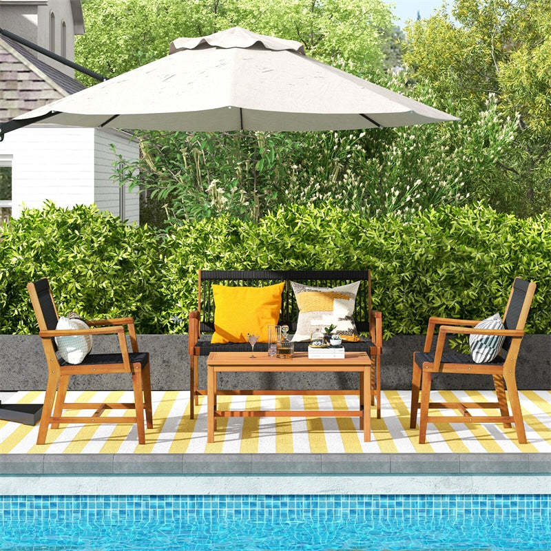 4pcs Acacia Wood Outdoor Conversation Table Chair Set Patio Chat Set with Coffee Table & Hand-Woven Rope Loveseat Chairs