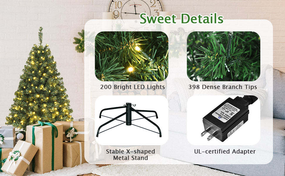 4.5ft Pre-lit Spruce Christmas Tree Hinged Artificial Xmas Tree with 200 LED Lights & Solid Metal Stand