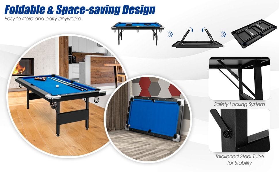 6FT Folding Pool Table 76" Portable Foldable Billiard Table for Adults Kids Family Game with Full Set of Balls, 2 Cue Sticks, Chalk & Felt Brush