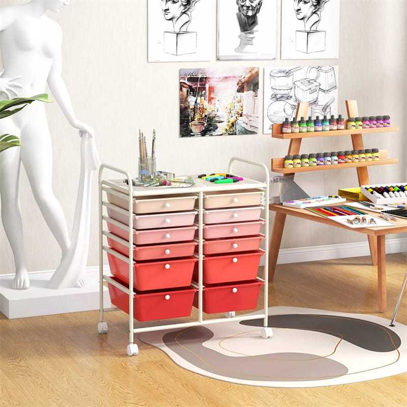 12-Drawer Rolling Storage Cart, Multipurpose Organizer Cart with Lockable Casters, Mobile Utility Cart for School Office Beauty Salon