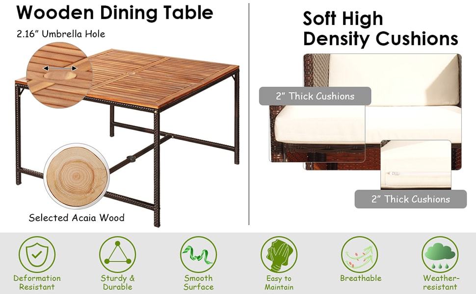 9 Pcs Outdoor Acacia Wood Patio Dining Set with Wicker Chairs & Umbrella Hole