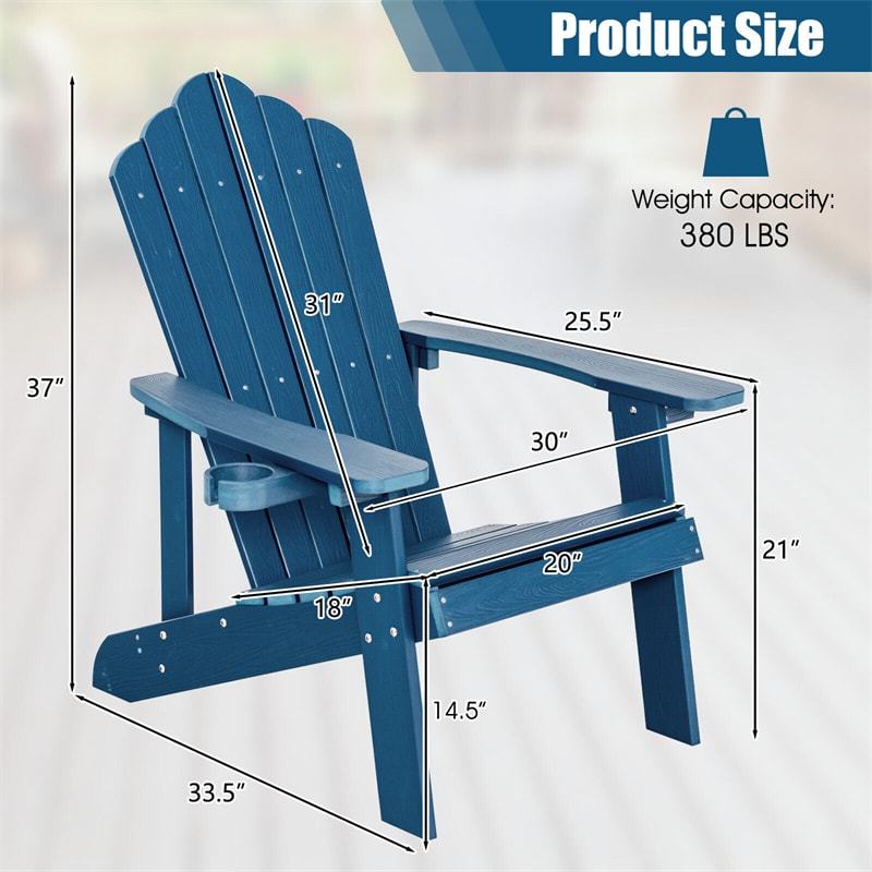 Outdoor HIPS Adirondack Chair, Weather Resistant Wood Fire Pit Chair with Hidden Cup Holder & 380 LBS Capacity for Patio, Backyard, Garden