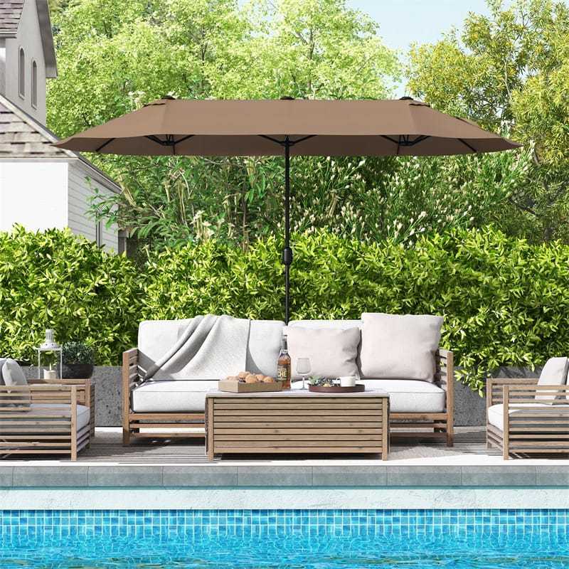 13FT Double-Sided Patio Umbrella, Extra Large Twin Market Umbrella with Base, Crank Handle, Safety Lock, Vented for Poolside, Deck, Backyard