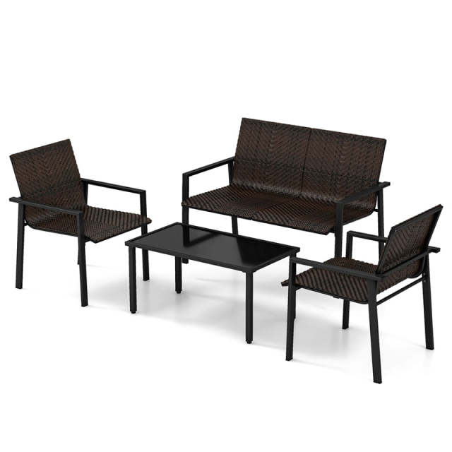 4 Piece Patio PE Rattan Furniture Set Outdoor Wicker Loveseat Chair Table Set Heavy Duty Galvanized Metal Frame for Small Space Balcony