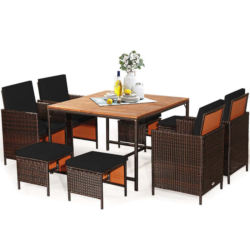 9-Piece Acacia Wood Rattan Patio Dining Set w/Cushioned Chairs, Ottomans & Umbrella Hole, Space Saving Outdoor Furniture for Backyard Garden