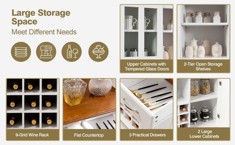 Wood Kitchen Buffet Hutch Cabinet Kitchenware Server with Large Drawers & Wine Bottle Modulars