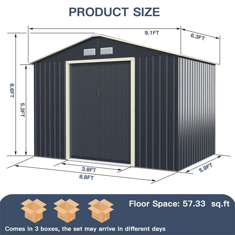 9’ x 6’ Large Outdoor Metal Storage Shed, Galvanized Steel Garden Shed Tool House Backyard Storage Cabinet with 4 Vents & Lockable Double Sliding Door