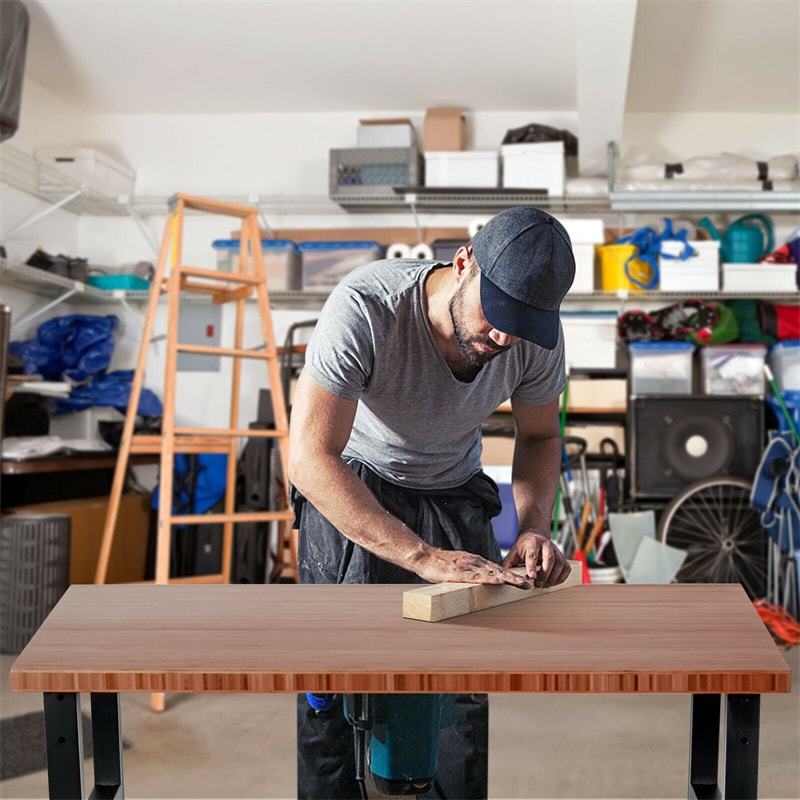 48" Heavy-Duty Mobile Workbench, Height Adjustable Work Table with Power Outlet, Removable Wheels, Bamboo Top for Garage Workshop, 2000 Lbs