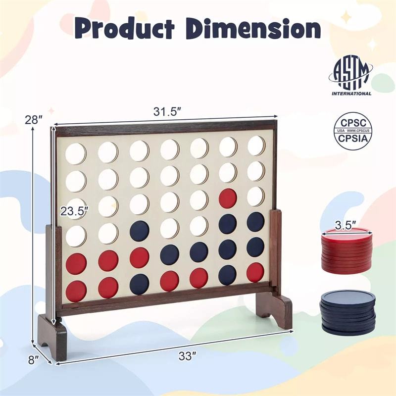 Giant 4-in-A-Row, Wooden 4-to-Score Giant Game Set with Carrying Bag & Chips, Wood Board Connect Game Toy for Kids & Adults Backyard Lawn Fun