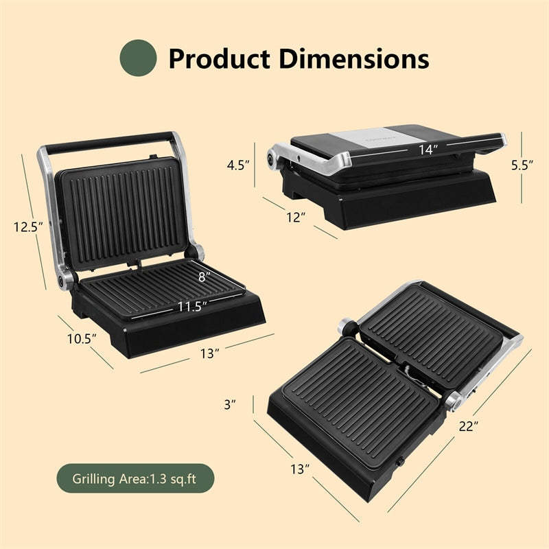 3-in-1 Electric Panini Press Sandwich Maker Indoor Grill with Non-Stick Double Sided Plates & 5 Auto Cooking Mode