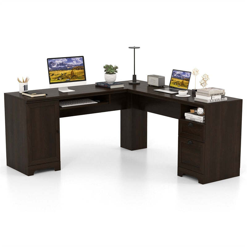 66" L-Shaped Office Desk, Modern Executive Corner Computer Desk with Power Outlets, Storage, Adjustable Shelf, Keyboard Tray for Working Writing