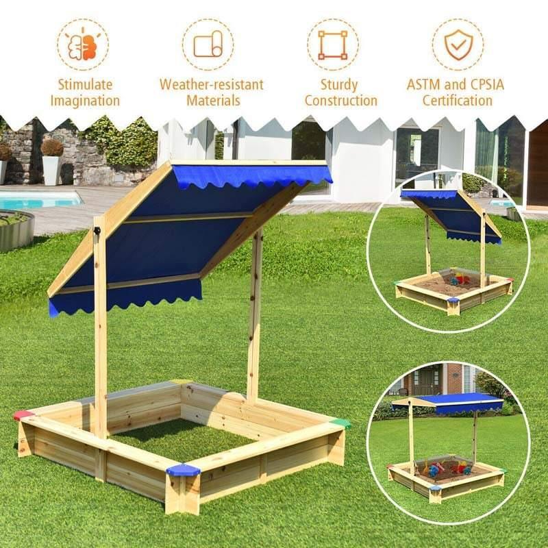 Square Cabana Wooden Sandbox with Convertible Canopy