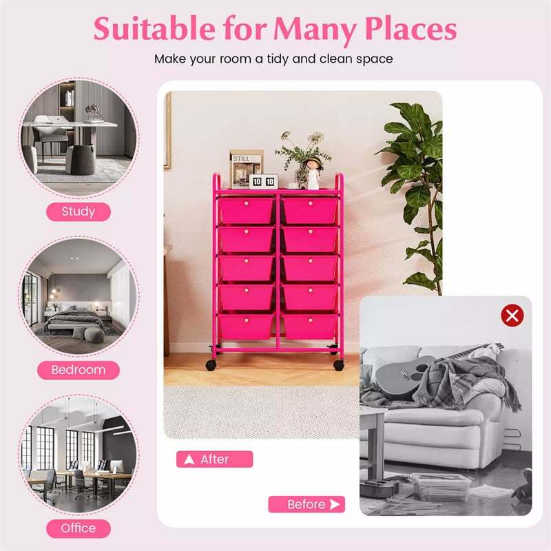 10 Drawer Rolling Cart, Storage Cart Organizer with Wheels, Mobile Utility Cart for Classroom, Office, Home, Craft, Art, Paper, Salon