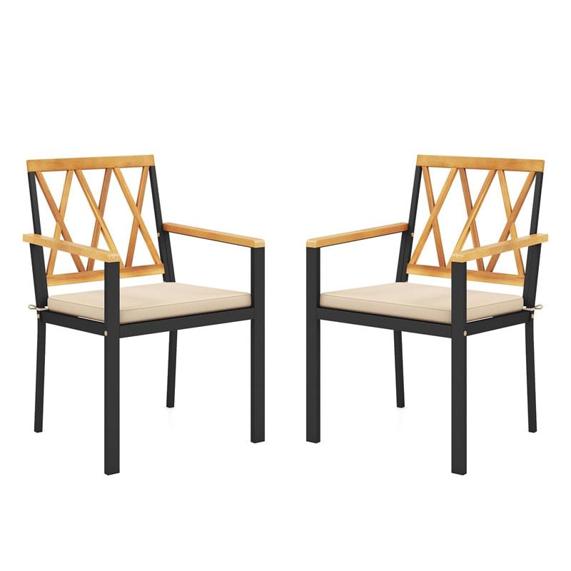Metal Patio Dining Chairs with Removable Padded Cushions, Acacia Wood Backrests & Armrests, 400LBS Capacity Outdoor Bistro Chairs Crossed Back