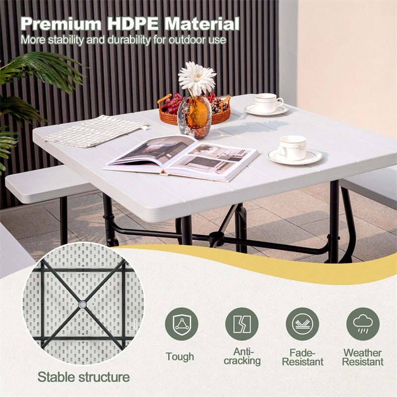 8-Person Picnic Table Set, Square Outdoor Table with 4 Built-in Benches, Umbrella Hole, HDPE Top, Metal Frame, 500LBS Capacity for Garden Patio