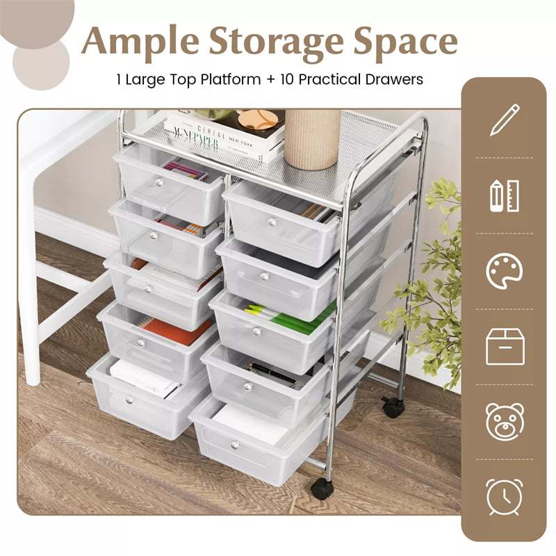 10 Drawer Rolling Cart, Storage Cart Organizer with Wheels, Mobile Utility Cart for Classroom, Office, Home, Craft, Art, Paper, Salon
