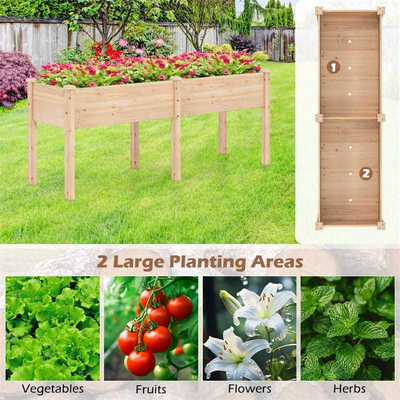 Raised Garden Bed, Elevated Wood Planter Box with 6 Supporting Legs, Divider Panel, Drainage Holes for Vegetables Flowers Herbs, Patio Yard