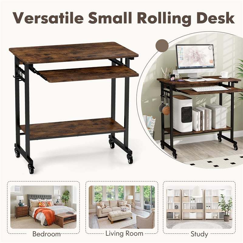 Rolling Computer Desk Cart, Mobile Laptop Desk with Keyboard Tray & CPU Stand, Industrial Small Desk on Wheels for Small Spaces, Home Office, Bedroom