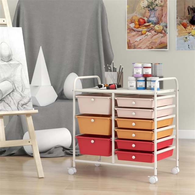 9-Drawer Rolling Storage Cart, Mobile Art & Craft Supply Organizer on Wheels, Metal Frame, Drawer Utility Cart for Classroom Office Home Salon