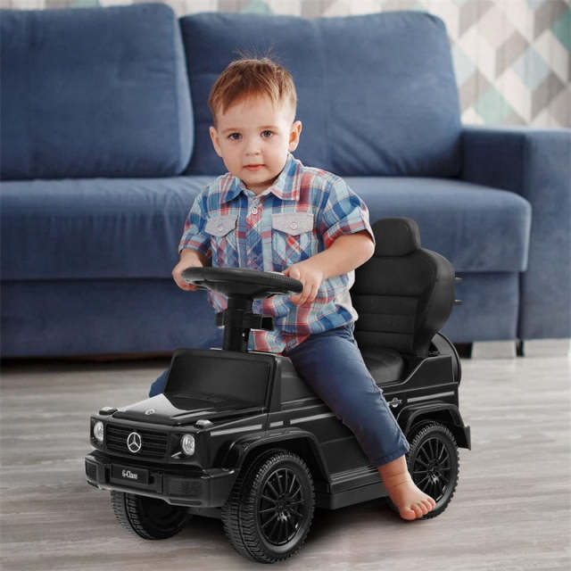 3-in-1 Push Car for Toddlers, Mercedes Benz G350 Stroller Sliding Car w/Canopy, Handle, Guardrail & Storage, Foot-to-Floor Ride-On Toy for Kids