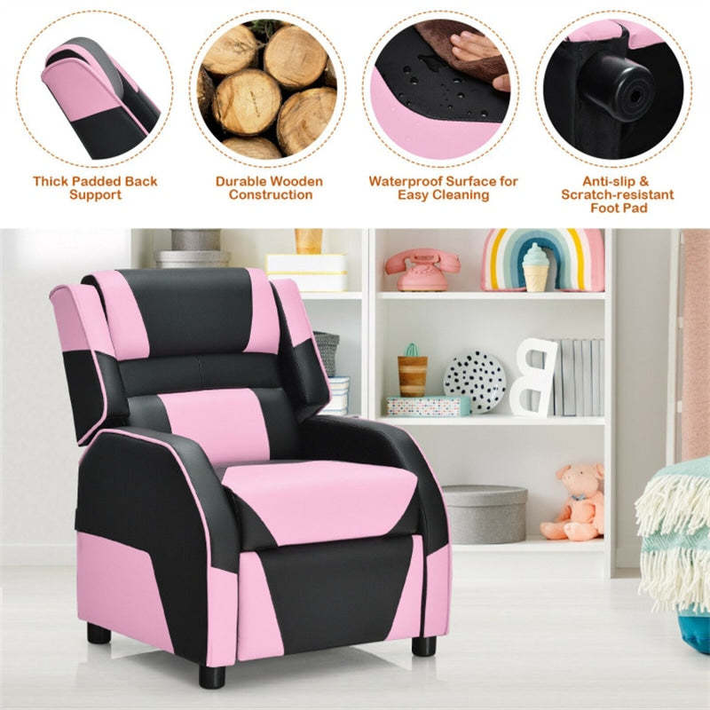 Kids Recliner Chair, Adjustable Gaming Recliner with Footrest, Headrest & Lumbar Support, Ergonomic PU Leather Lounge Sofa for Boys & Girls