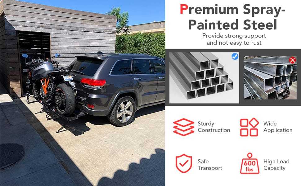 Motorcycle Hitch Carrier 600LBS Heavy Duty Steel Motorcycle Carrier Hitch Mount with Loading Ramp & Ratchet Straps, Motorcycle Rack Dirt Bike Trailer