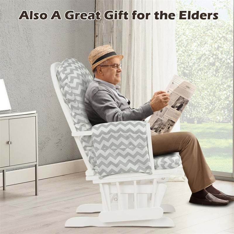 Wood Nursery Glider Chair & Ottoman Set, Upholstered Glider Rocker with Padded Cushion, Storage Pocket, Modern Rocking Chair for Nursery