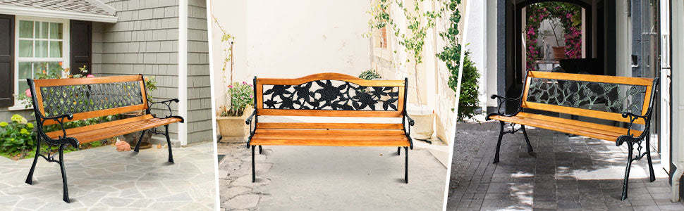 Park Garden Bench Cast Iron Hardwood Outdoor Bench Porch Loveseat Chair