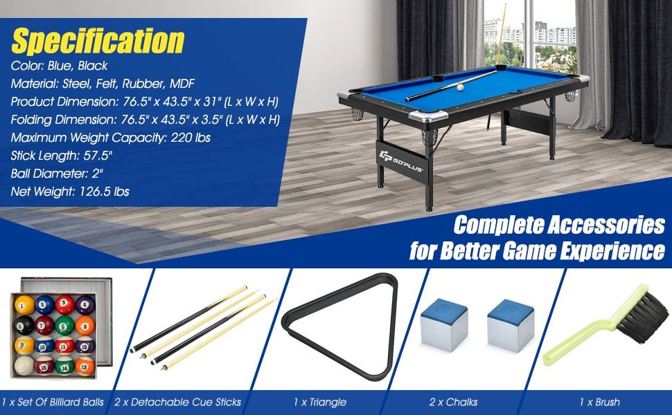 6FT Folding Pool Table 76" Portable Foldable Billiard Table for Adults Kids Family Game with Full Set of Balls, 2 Cue Sticks, Chalk & Felt Brush